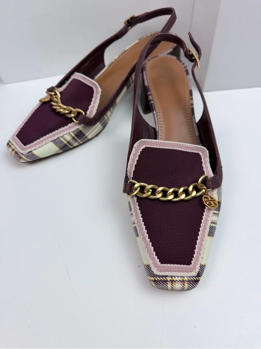 Tory Burch Mini Benton Charm Slingback Loafers Size 10.5 Plaid Burgundy